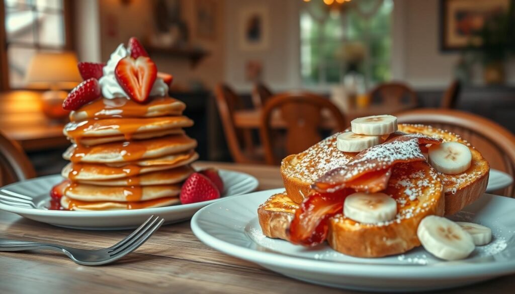A beautifully arranged breakfast table featuring fluffy pancakes stacked high, drizzled with warm maple syrup and topped with fresh strawberries and a dollop of whipped cream. Beside it, golden-brown French toast sprinkled with powdered sugar, garnished with slices of bananas and a side of crispy bacon. The foreground showcases a cozy dining setting, complete with a rustic wooden table and elegant cutlery. In the background, a softly lit dining room with warm, inviting colors, evoking a homely atmosphere. The scene is illuminated with gentle, natural lighting, creating a comforting and appetizing mood. Shot from a slightly elevated angle to capture the enticing details of the dishes while maintaining a focus on the overall warmth of the breakfast setting.