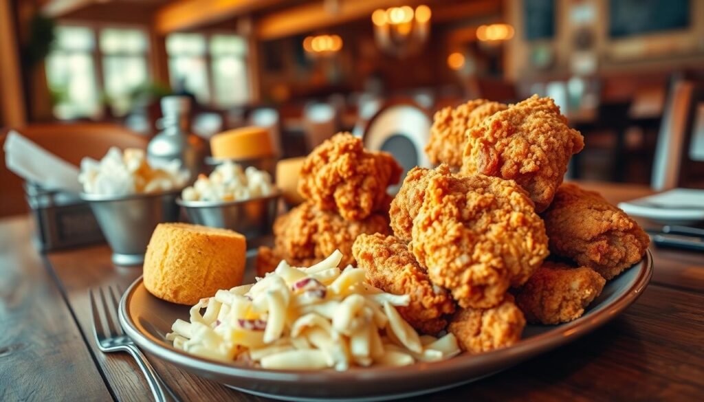 A beautifully arranged plate of southern fried chicken, featuring golden-brown, crispy chicken pieces with a crunchy, flaky exterior. In the foreground, a side of creamy coleslaw and buttery cornbread muffins add vibrant color contrast. The middle ground showcases a rustic wooden table with vintage tableware and cutlery, evoking a homey diner atmosphere. The background softly blurs into warm, inviting hues of a Cracker Barrel-style setting, hinting at wooden beams and country decor. Natural, soft lighting cascades across the scene, creating a cozy and nostalgic mood, perfect for capturing the essence of comfort food. The angle of the shot is slightly above the plate, focusing on the food while ensuring the entire table setting is visible, inviting viewers to indulge in this southern classic.