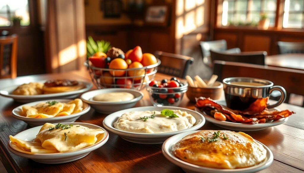 A beautifully arranged table showcasing a selection of Cracker Barrel breakfast specials. In the foreground, a rustic wooden table displays an array of smaller plates featuring fluffy scrambled eggs, golden-brown pancakes, crispy bacon, and a steaming bowl of grits, all garnished with fresh herbs. In the middle ground, a vibrant fruit bowl adds a pop of color, highlighting bright strawberries, blueberries, and slices of orange. Soft morning light filters through a nearby window, casting gentle shadows and creating a warm, inviting atmosphere. In the background, the cozy interior of a Cracker Barrel restaurant is subtly visible, with wooden accents and vintage decor, enhancing the comforting mood of a hearty breakfast gathering. The overall feel is homely and appetizing, perfect for enticing readers.