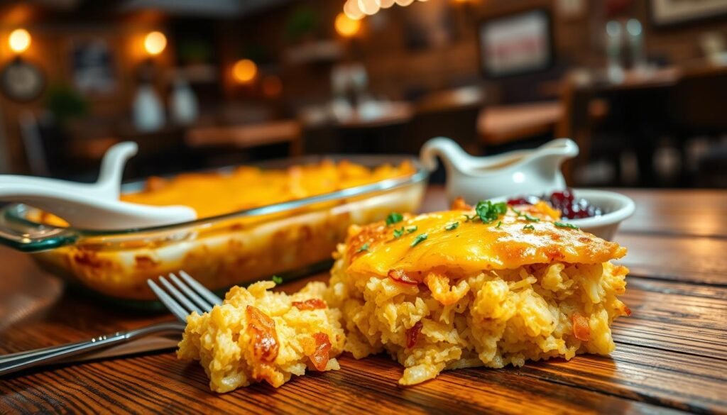 A beautifully presented hashbrown casserole, featuring golden-brown, crispy layers topped with melted cheese and garnished with fresh herbs. In the foreground, showcase a portion of the casserole on a rustic wooden table, with a fork placed beside it. The middle ground should feature a cozy dining setting, possibly with a side of gravy and cranberry sauce. The background should have a warm, inviting ambiance, resembling a country-style restaurant with soft, ambient lighting. Use a shallow depth of field to emphasize the casserole while blurring the background slightly. The overall mood should be homey and comforting, evoking a sense of traditional Southern dining.