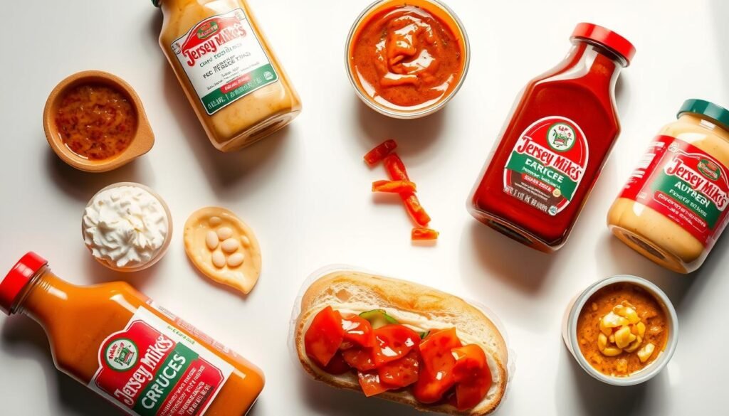 A brightly lit, close-up shot of various sauces, spreads, and toppings from the Jersey Mike's menu laid out on a clean, white surface. The focus is sharp, highlighting the textures, colors, and distinct branding of each item. The lighting is soft yet directional, creating subtle shadows that accentuate the three-dimensional nature of the arrangement. The composition is balanced, with the items carefully placed to create a visually appealing and informative display. The overall mood is one of attention to detail and a focus on the specific allergen information relevant to these menu components.