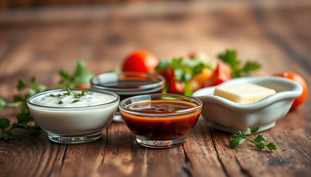 A close-up composition of a rustic wooden tabletop showcasing an array of colorful dressings, sauces, and butter, each presented in small, elegant bowls. The foreground features a creamy ranch dressing with fresh herbs sprinkled on top, a vibrant balsamic vinaigrette with glimmers of olive oil, and a buttery mix melting gently in a classic dish. In the background, blurred soft lighting creates a warm, inviting atmosphere, highlighting the textures and colors of the sauces. Subtle reflections from the sauce glassware add depth, while a few fresh vegetables and herbs are artistically arranged around the scene, enhancing the natural vibe. A shallow depth of field draws attention to the dressings, making them the focal point of this appetizing image, capturing the essence of hidden calories in toppings.