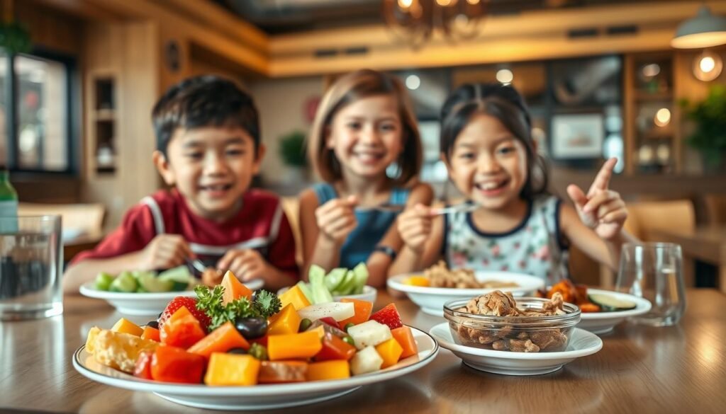 A vibrant and colorful scene depicting a kid-friendly dining experience at a table filled with healthy meal options. In the foreground, a plate of assorted nutritious foods including fresh fruits, vegetables, and a small serving of a wholesome entree, all arranged appealingly for children. In the middle ground, two kids—one boy and one girl, both around 7-8 years old, dressed in casual, modest clothing—enthusiastically enjoying their meals with smiles. The background features a cozy restaurant atmosphere with wooden decor and soft, warm lighting that creates a welcoming vibe. Use a wide-angle lens perspective to capture the table setting and the joyful interaction between the kids, conveying a sense of family-friendly fun and healthy eating choices. The overall mood should be lively and cheerful, emphasizing nutritious meals for children.