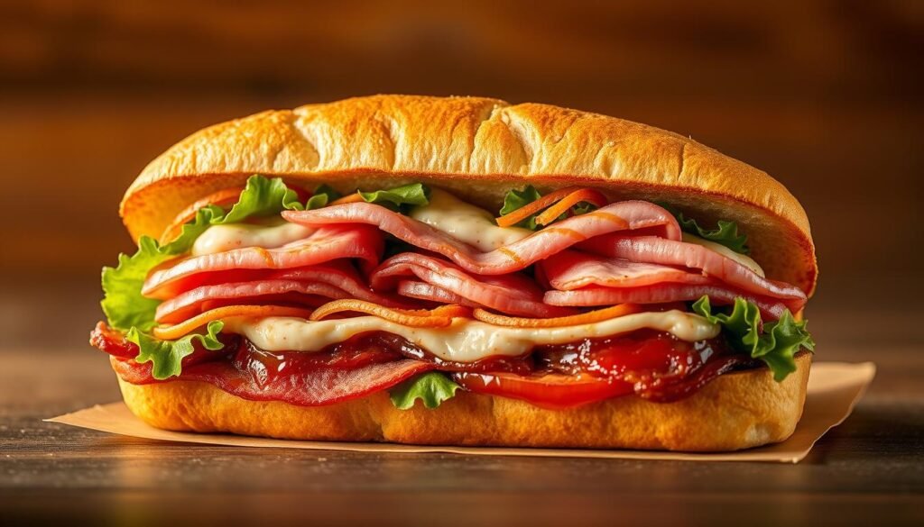 A vibrant and visually striking regional Jersey Mike's sandwich special, meticulously crafted and captured in a high-resolution photograph. The sandwich fills the frame, its bespoke ingredients lovingly arranged to highlight the unique flavors and textures. Warm lighting casts a golden glow, accentuating the freshness of the artisanal bread, the juicy meats, and the crisp vegetables. The camera angle is slightly elevated, giving a sense of depth and emphasizing the sandwich's artisanal quality. The overall composition exudes a mouthwatering allure, inviting the viewer to explore the exclusive, locally-inspired delights that make Jersey Mike's a true culinary destination.