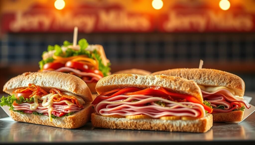 A vibrant, appetizing display of Jersey Mike's signature sandwiches, meticulously crafted with high-quality ingredients. Crisp, freshly baked bread, sliced meats, and an assortment of toppings and condiments arranged in an elegant, visually appealing manner. The image is shot with a professional-grade camera, capturing the texture, colors, and details of the sandwiches in sharp focus. Warm, soft lighting illuminates the scene, creating a cozy, inviting atmosphere. The composition emphasizes the layers and variety of the hidden menu items, enticing the viewer to discover the delectable possibilities within Jersey Mike's offerings.