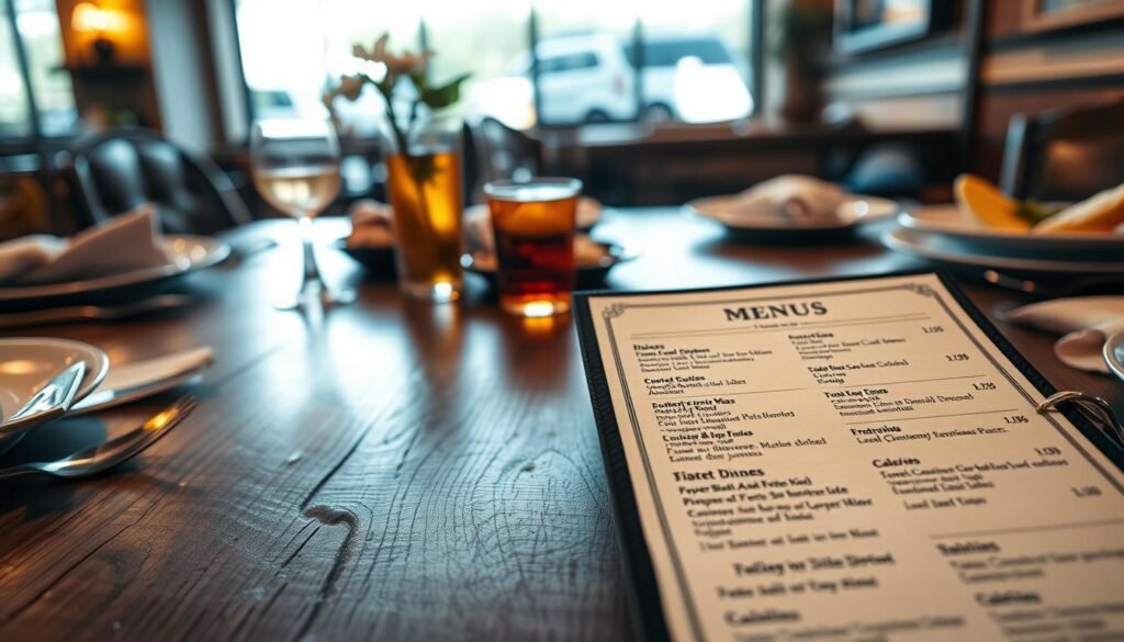 An elegant restaurant table setting featuring a detailed menu that lists various dinner items, prices, and calorie information. The menu is prominently displayed in the foreground on a rustic wooden table, surrounded by appealing dinner plates, cutlery, and a small decorative item like a flower vase. Soft, warm lighting casts a cozy ambiance, highlighting the textures of the table and food. In the middle ground, a slightly blurred glass of iced tea and a side dish can be seen, adding a touch of homely warmth. In the background, subtle hints of a restaurant interior can be glimpsed, with muted colors to maintain focus on the menu. The overall mood is inviting and informative, perfect for a dining experience.